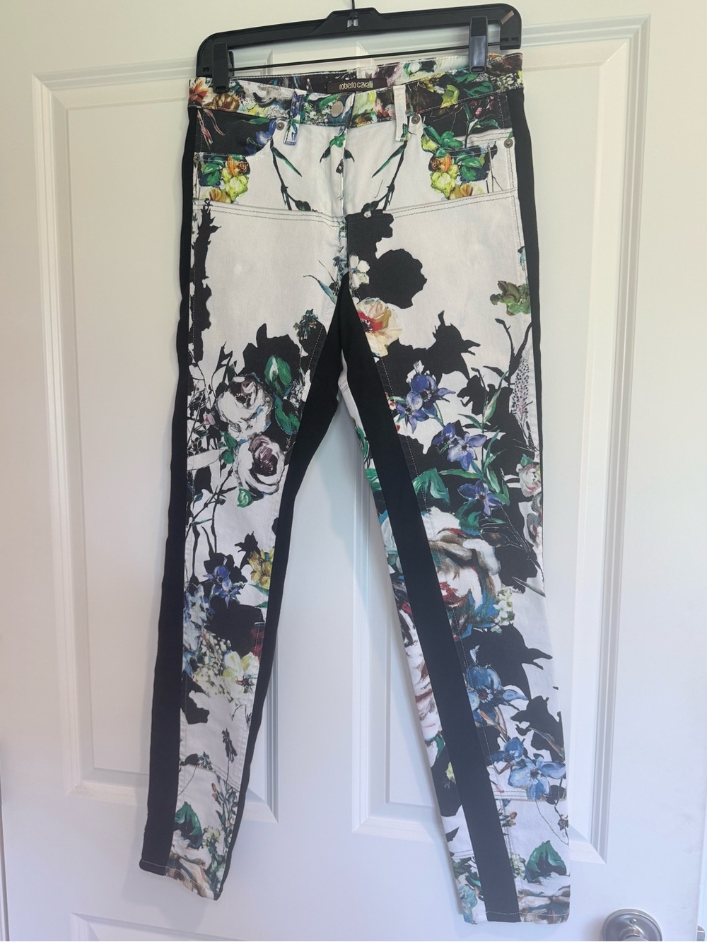 Roberto Cavalli White Floral Skinny Pants with Black Side Panels